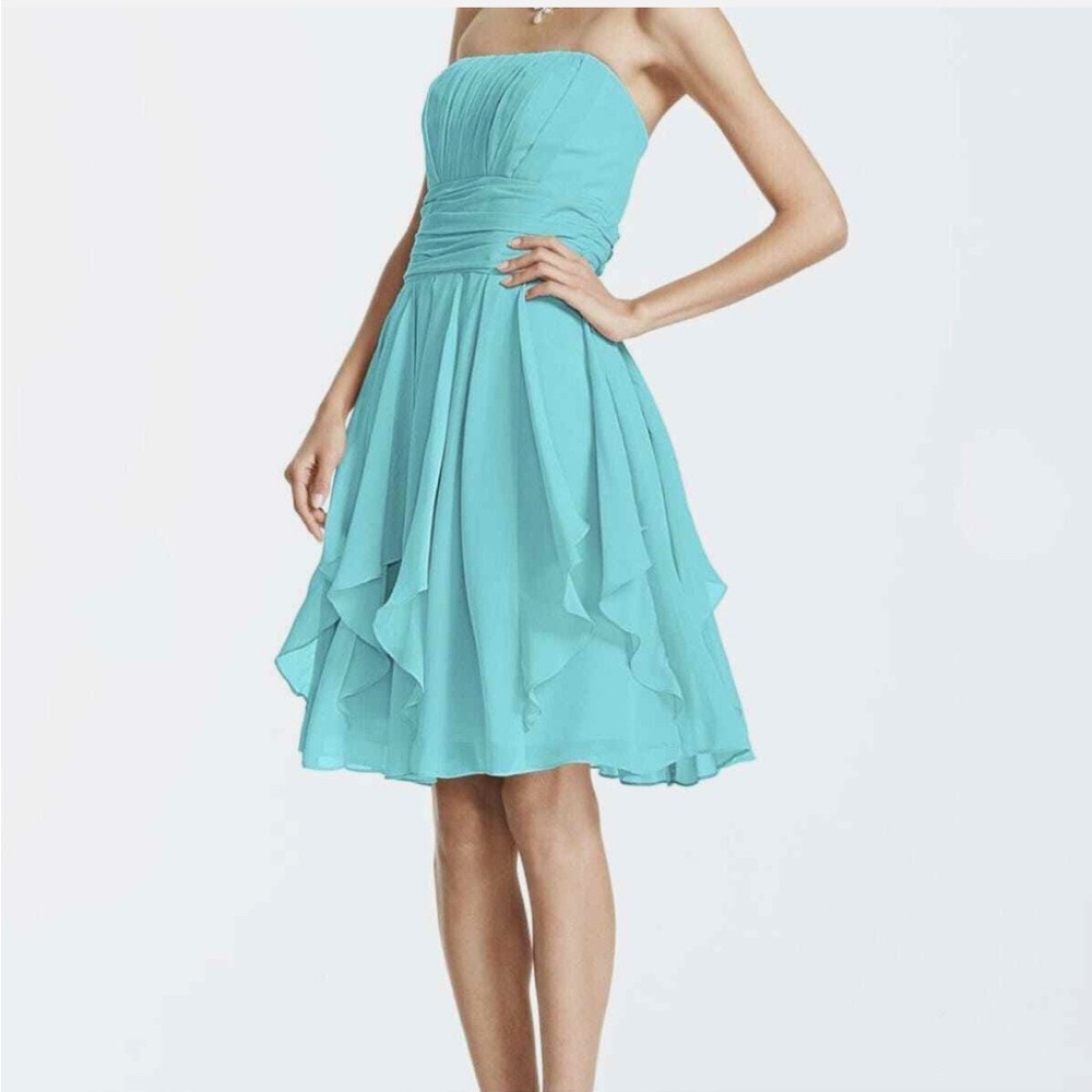 David’s Bridal Strapless Crinkle Chiffon Bridesmaid Dress (color: Spa)